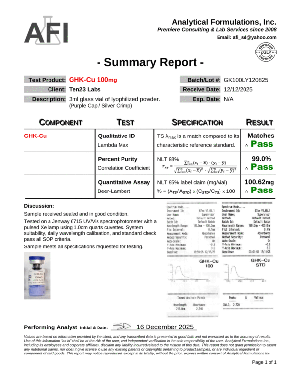 GHK-Cu 100mg Certificate 12-12-25 GHK-Cu (Copper Peptide) 100mg