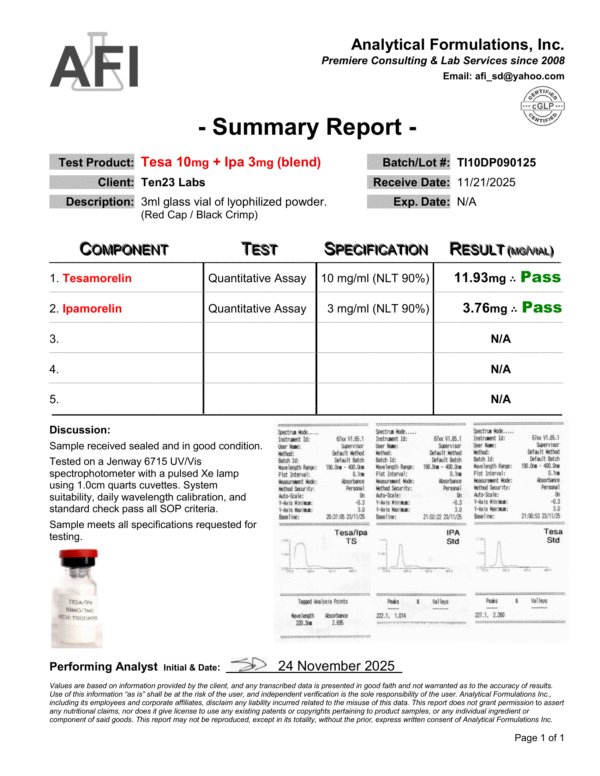 Tesamorelin 10mg + Ipamorelin 3mg Certificate 11-21-25 Tesamorelin (10mg) + Ipamorelin (3mg)