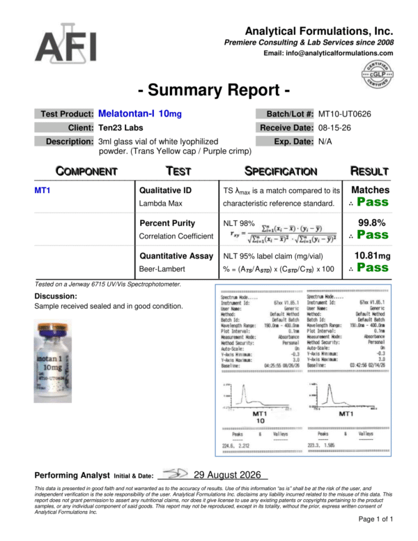 COA_Summary_Report_Ten23_Labs_MT1_10mg_08-15-26 Melanotan I (10mg)