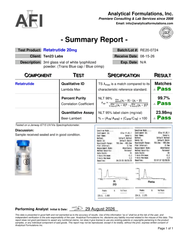 COA_Summary_Report_Ten23_Labs_Reta_20mg_08-15-26 Weight Loss R (GLP#3) 20mg