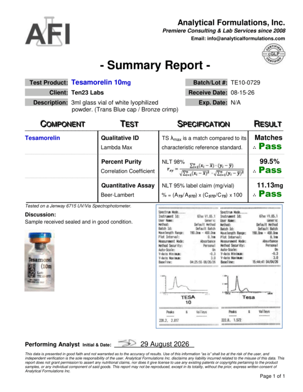 COA_Summary_Report_Ten23_Labs_Tesa_10mg_08-15-26 Tesamorelin (10mg)